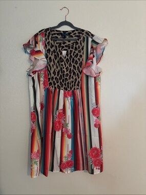 Leopard & Floral Mixed-Print Flutter Sleeve Dress - Multi